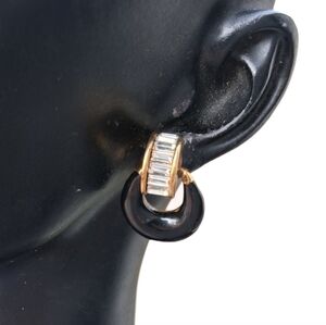 Vintage ROMAN Black Enamel & Baguette Crystal Door Knocker Earrings